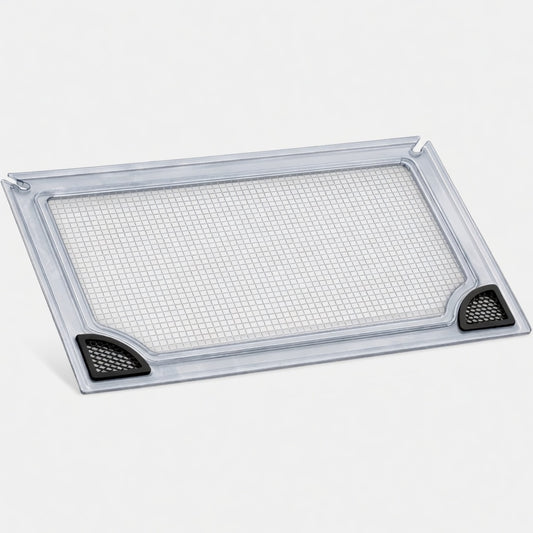 Salty Lids precision-fit 3/8" polycarbonate lid on Reef Casa Large Frag Tank aquarium showing excellent light penetration and pop-off feeding access cap